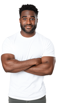 Portrait of man in white t-shirt, arms crossed, standing on transparent background png
