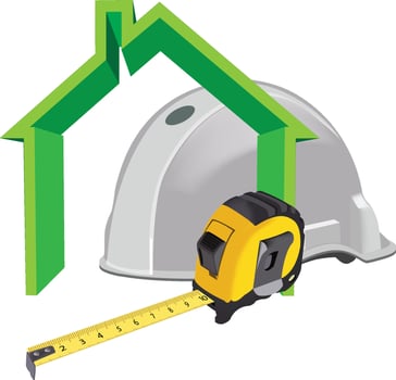 A construction helmet and a tape measure next to a house vector