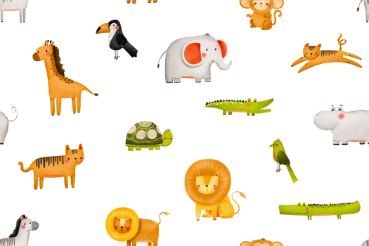 Savannah animals seamless pattern . Wild mammals and safari. Cartoon zebra, giraffe, tiger, elephant, exotic toucan and parrot. Reptile crocodile. Hand drawn cartoon background png