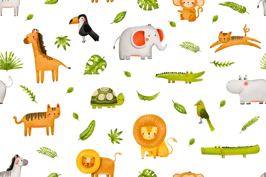 Savannah animals and jungle palm leaves seamless pattern . Wild mammals and safari. Cartoon zebra, giraffe, tiger, elephant, exotic toucan and parrot. Reptile crocodile. Hand drawn cartoon background png
