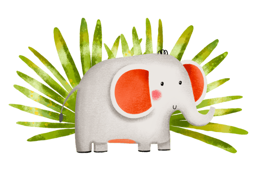 Elephant and palm tree leaves. Cute childish cartoon card. Poster for nursery bedroom with wild mammals, animals. Hand drawn illustration png