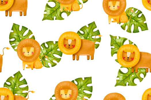 Exotic seamless backround with jungle lions and monstera leaves. Hand drawn pattern for nursery, textile, wrapping paper, clothes png
