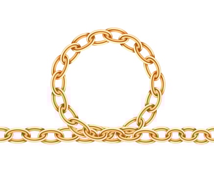 Realistic gold circle frame chain texture. Golden round chains link isolated on white background. Jewelry chainlet three dimensional design element. vector