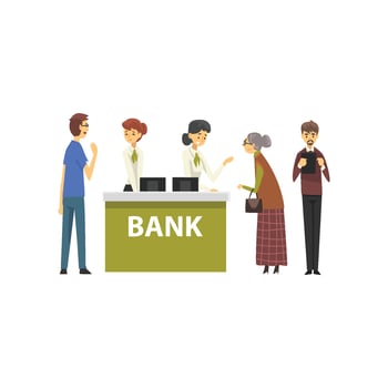 People Consulting at Managers at Bank Office, Female Bank Workers Providing Services to Clients Illustration vector
