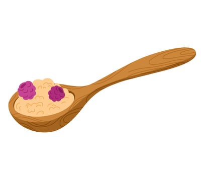 Oatmeal porridge in spoon. Healthy cereal breakfast icon. Oat flakes snack, delicious tasty nutrition, snack. Cartoon illustration isolated on the white background. vector