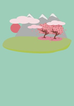 Mountain spring landscape blooming sakura near water - vertical vector