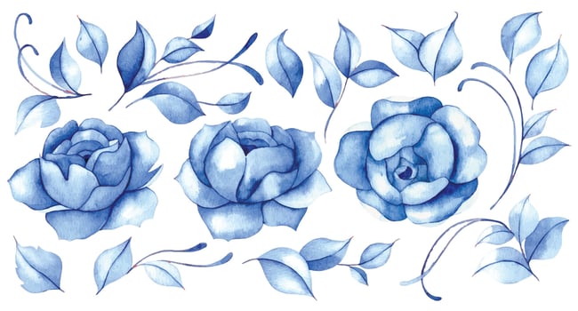 set of watercolor blue flowers and leaves. blue roses, vintage vector