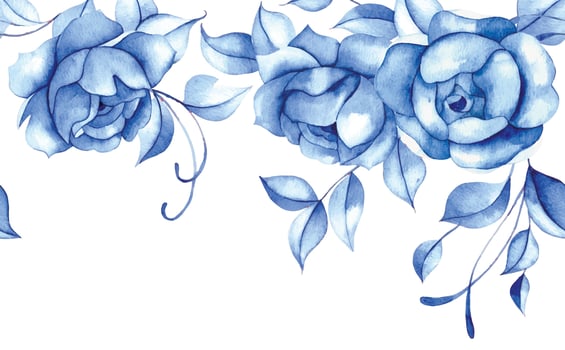 watercolor seamless border with blue flowers. blue roses, vintage frame vector