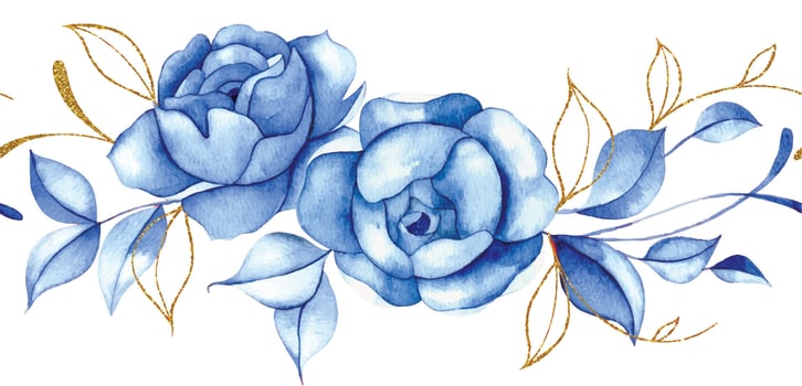 composition of watercolor blue flowers with gold leaves. blue roses, vintage bouquet vector