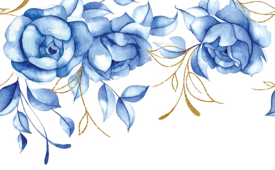 seamless border of watercolor blue rose flowers with gold leaves. blue roses, vintage frame vector