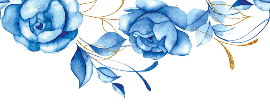 seamless border of watercolor blue rose flowers with gold leaves. blue roses, vintage frame vector