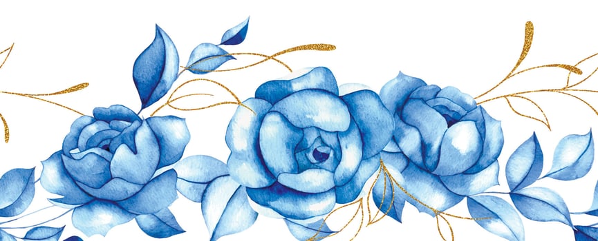 seamless border of watercolor blue rose flowers with gold leaves. blue roses, vintage frame vector