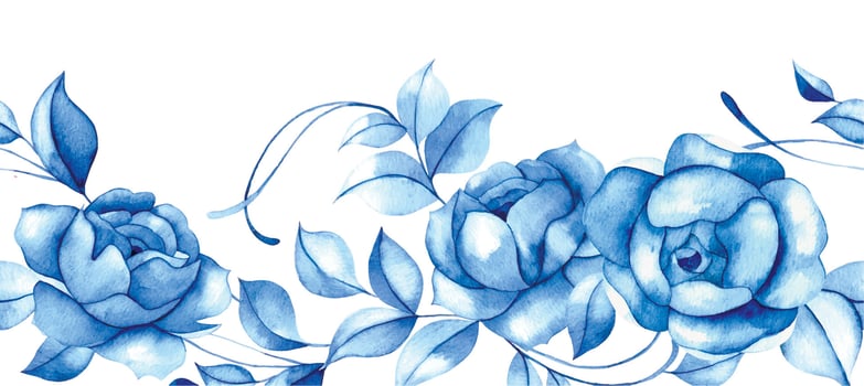 watercolor seamless border with blue flowers. blue roses, vintage frame vector
