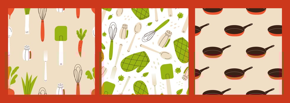 Kitchen tools and appliances seamless pattern set. Kitchen utensils background. Flat illustration. vector