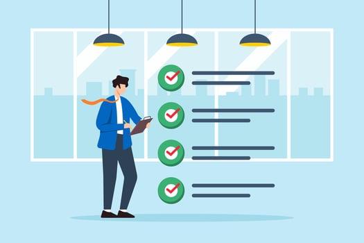 Flat illustration of CEO hold clipboard review business checklist in office room vector