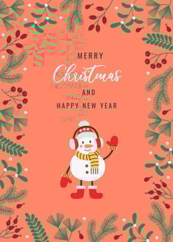 Festive Christmas card in flat style with cheerful snowman, holiday plants, and Merry Christmas and Happy New Year message. Perfect for holiday greetings, invitations, and seasonal decorations. vector