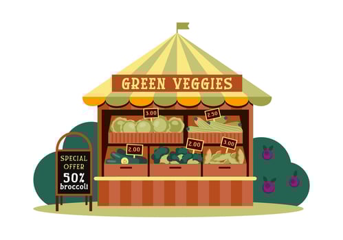 Eco Market Kiosk Selling Fresh Green Vegetables with Special Offer Board vector