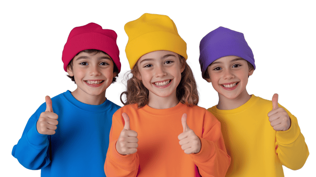 Group of four cheerful kids in colorful clothes and hats, giving thumbs up, isolated on a transparent background png