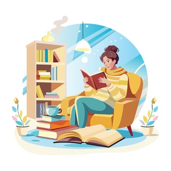 A woman reading book in winter, a flat style illustration vector