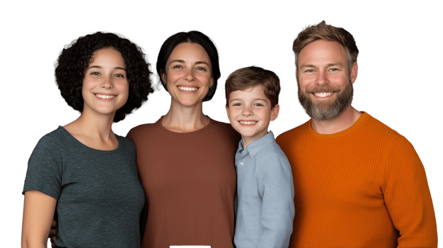 Multi-generational family portrait of five, happy expressions, isolated on a transparent background png