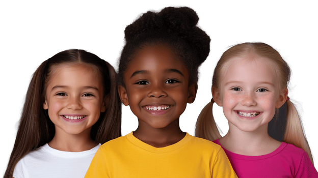 Three young girls with diverse backgrounds smiling together, isolated on a transparent background png