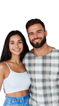 Cheerful young couple standing together, smiling and relaxed, isolated on a transparent background png