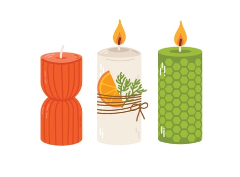 Various Christmas Candles. Different color and sizes. Decorative wax candles for relax and spa. Hand drawn illustration vector