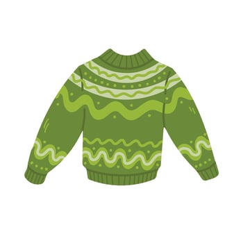 Christmas ugly sweater or jumper with decorative ornament. Knitted woolen warm clothing pullover. Hand drawn illustration in flat style. vector