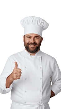 Male chef in white uniform giving thumbs up with a happy expression, isolated on a transparent background png