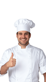 Young chef in white outfit showing thumbs up with a confident smile, isolated on a transparent background png