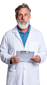 Elderly male doctor in white coat holding a clipboard, looking professional and friendly, isolated on a transparent background png