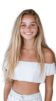 Happy young woman with long blonde hair, wearing casual white outfit, isolated on a transparent background png