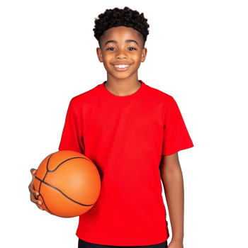 Smiling young boy in red shirt holding a basketball, cheerful expression, isolated on a transparent background png