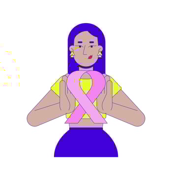 Middle eastern woman holding pink ribbon awareness 2D cartoon character. Breast cancer survivor female arab young adult isolated person flat on white background. Spot illustration colorful vector