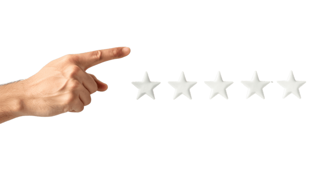 A satisfied consumer highlighting a five-star review on a mobile device. png