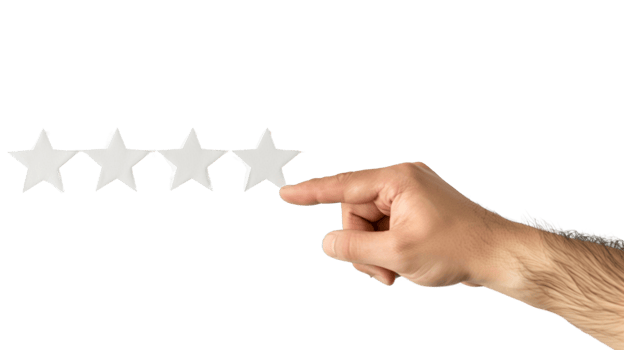 A satisfied customer pointing at a five-star rating on a feedback form. png