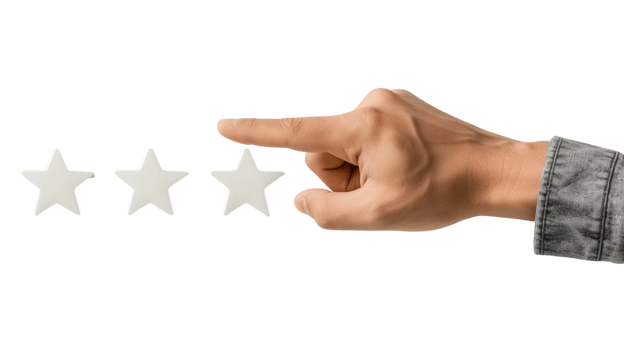 A joyful customer pointing to a five-star rating on a feedback form. png