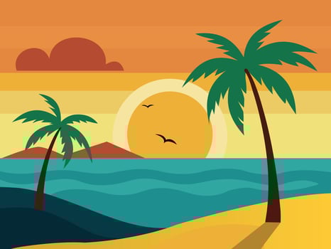 Illustration of Landscape with palm trees, ocean, yellow sand. Sunset at sea vector