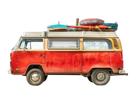 An old van with surfboards and other items on top png