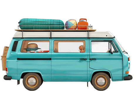 A blue van with a roof rack full of luggage png