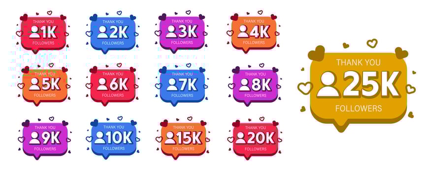 Icon Set for Social Media. Follower Milestones with Speech Bubbles and Thank You Messages vector