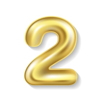 Editable realistic 3D illustration of gold balloon number 2. Gold balloon number 2 isolated. Illustration of gold balloon number 2 vector