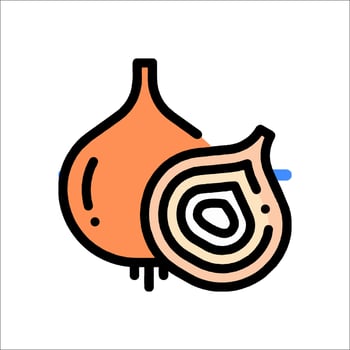 An onion and a slice of onion are shown in a line drawing vector