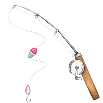 A rod with fishing line and a bobber. Fishing tackles clipart. Hand-drawn watercolor illustration png