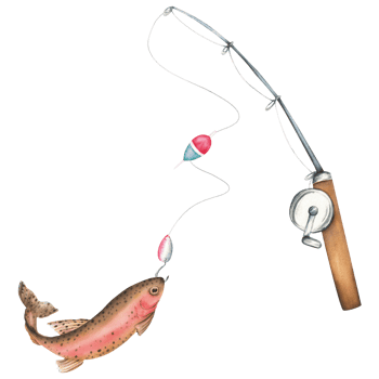 A rod with fishing line and a bobber with rainbow trout. Fishing tackles clipart. Hand-drawn watercolor illustration png