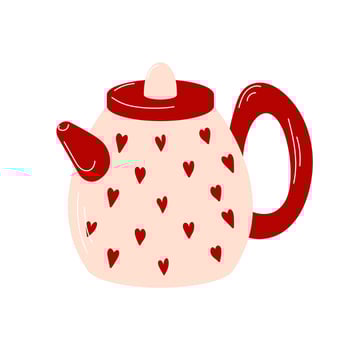 Charming and cozy teapot with red heart patterns in flat style. Perfect for Valentines Day theme, kitchen decor and tea related designs,, prints, cards, and digital art. vector