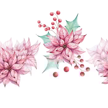 Christmas watercolor seamless border - Red poinsettia flowers bouquet, compositions with holly green leaves and mistletoe, red berries. Winter composition, decor. December nature. Illustration hand drawn for design, printing, greeting cards. clip art vector
