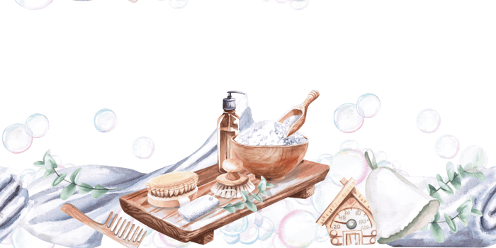 Seamless border with dispenser, sea salt. Isolated watercolor illustration for SPA complexes design, sauna certificates, printing on towels and robes png