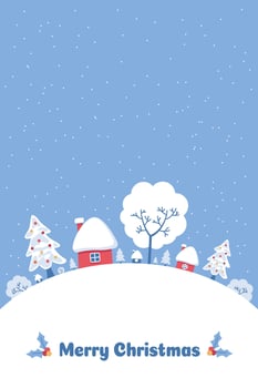 Happy Christmas postcard with a winter landscape houses and snow covered trees on blue background vector