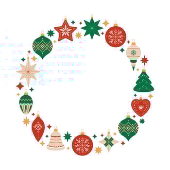 Merry Christmas and Happy New Year round frame with Christmas tree decorations of different shapes. Holiday circle wreath in red, green and beige colors on white background. Festive template vector
